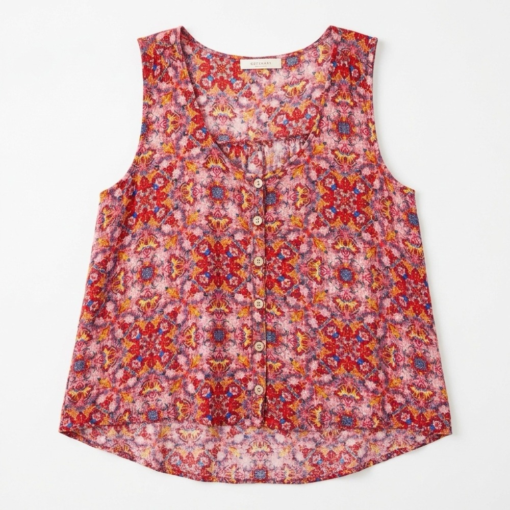 Ellison Tank Top Womens L Red flowy  Kaleidoscope Floral Button V-Neck